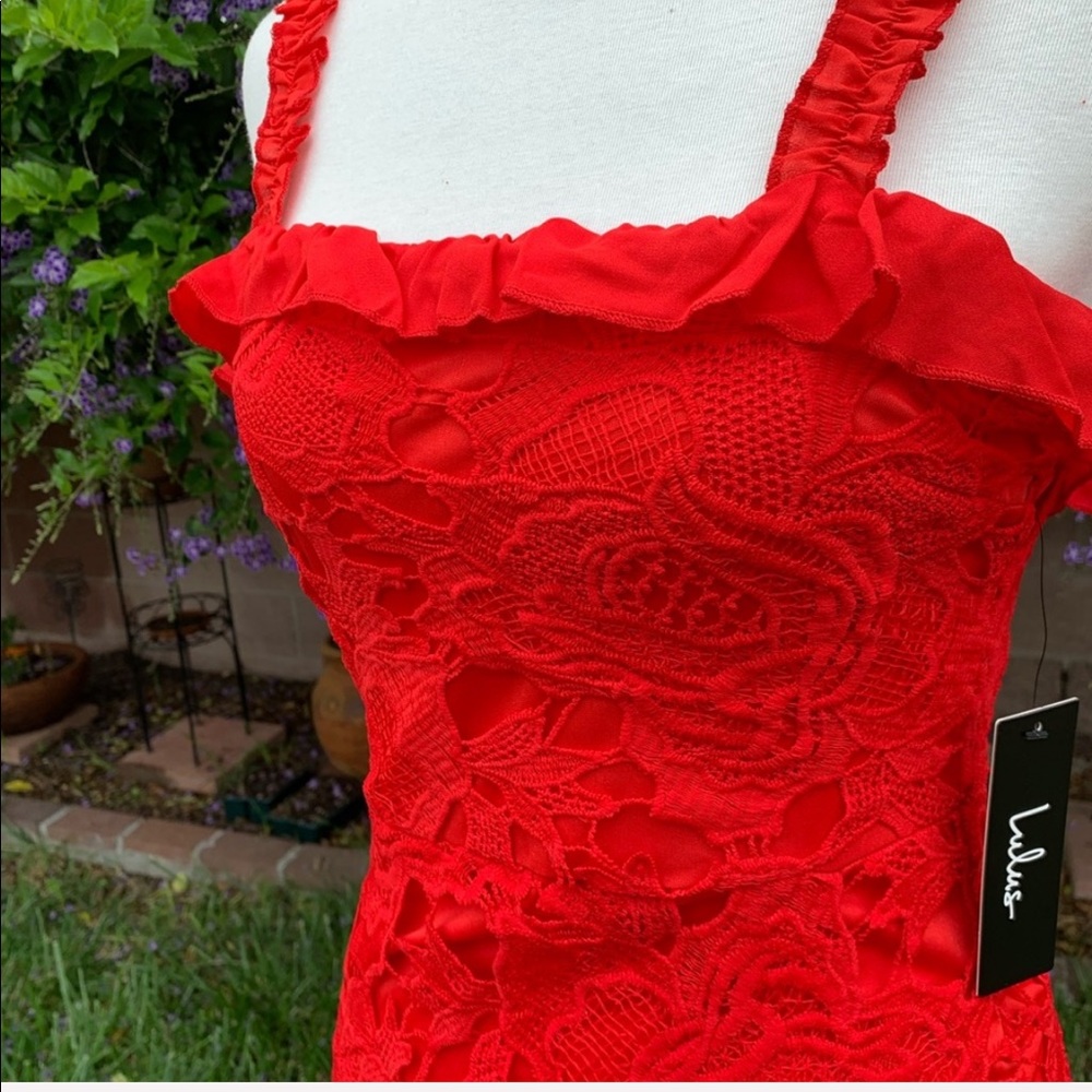 Lulus Deep In Love Red Ruffled Lace Dress - Picture 6 of 9
